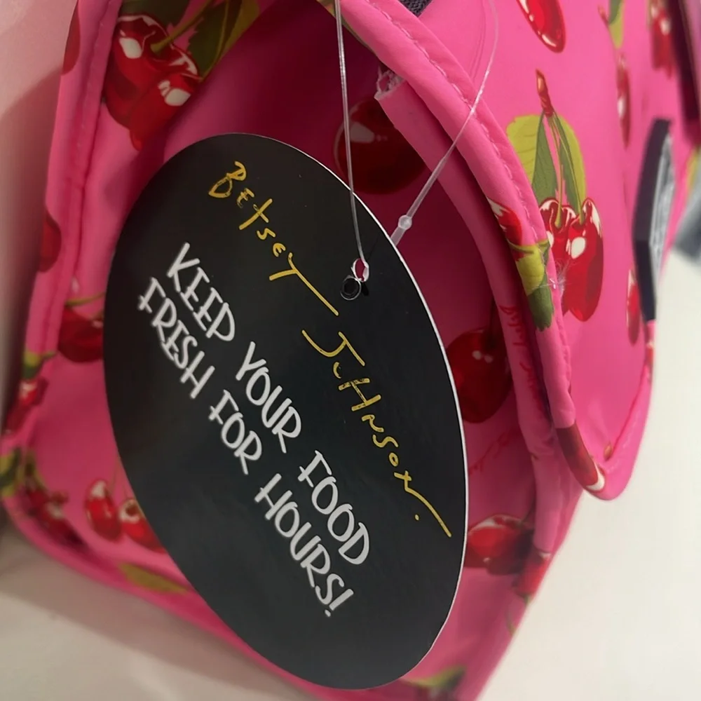 Betsey Johnson Pink/Green/Black Cherry Patterned Insulated Lunch Tote Bag - Picture 2 of 5